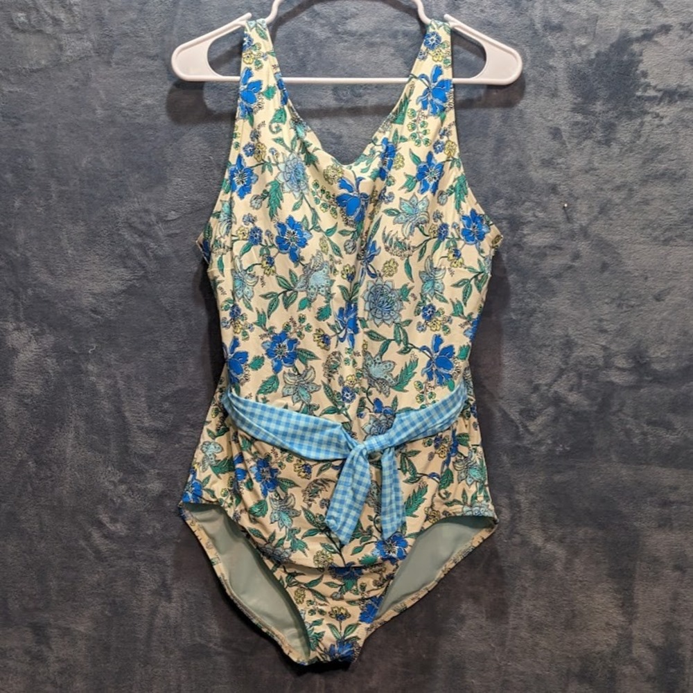 Lands End Womens Floral Gingham Tie One Piece Swimsuit Blue Cream Size 18 Cute
